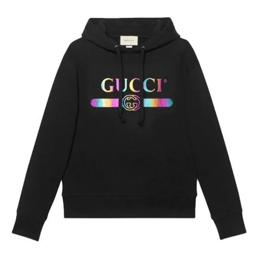 New With Tags Gucci Metallic Logo Print Pullover Black Hoodie Size L $1280.00